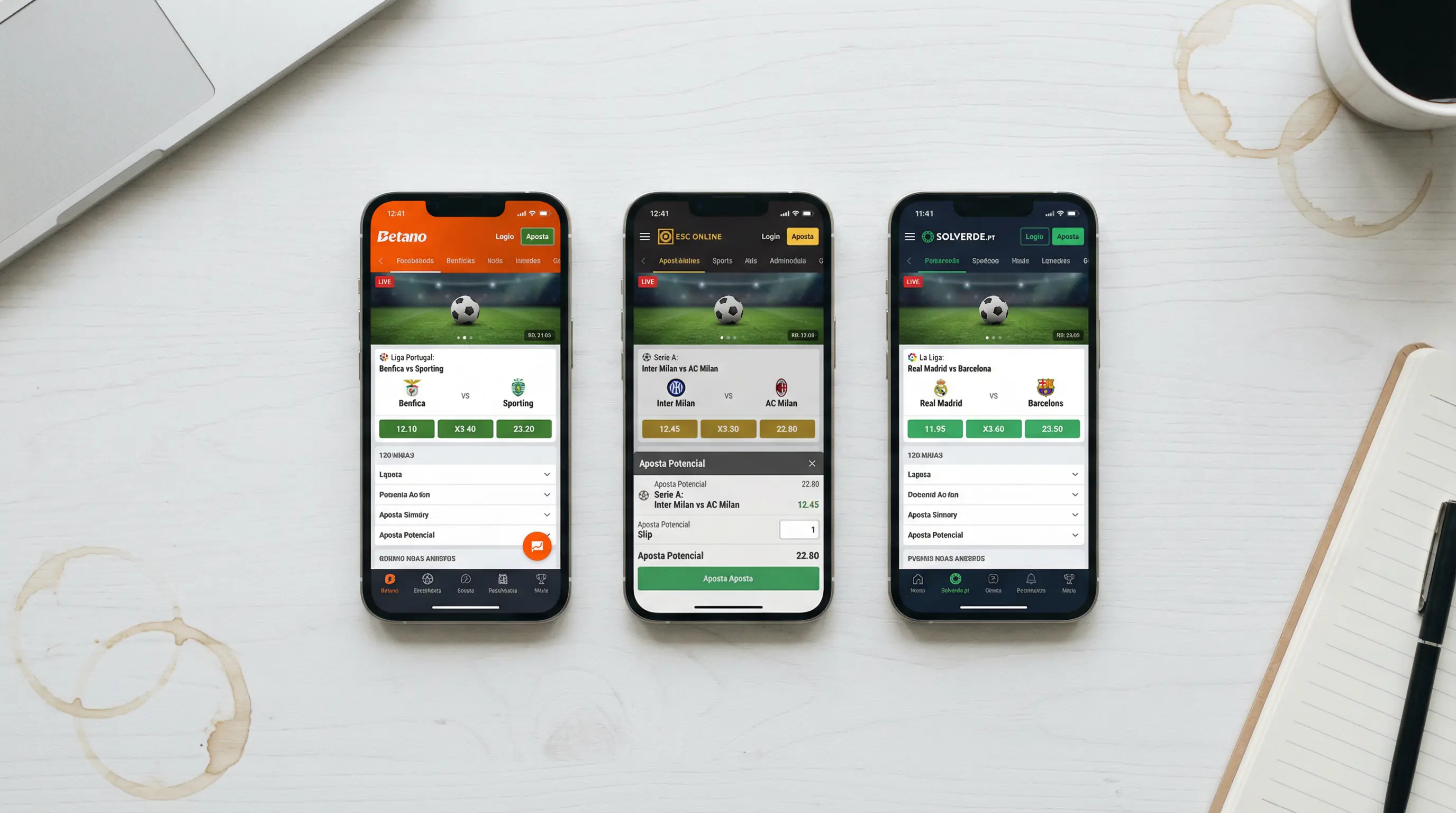 Comparação de interfaces das plataformas Betano, Betclic e Bwin em Portugal 2026